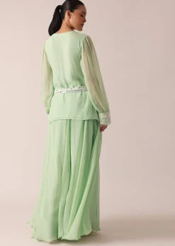 Green Organza Kurta And Palazzo Set With Embroidery And Belt