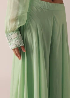 Green Organza Kurta And Palazzo Set With Embroidery And Belt