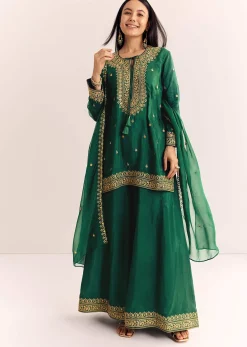 Green Organza Kurta Sharara Suit With Zari Butti Work