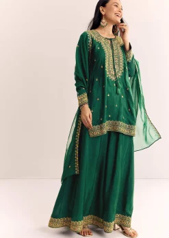 Green Organza Kurta Sharara Suit With Zari Butti Work