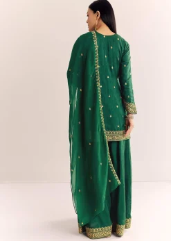 Green Organza Kurta Sharara Suit With Zari Butti Work