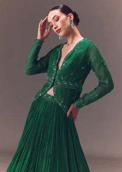 Green Organza Ruched Lehenga With Hand Embellished Jacket