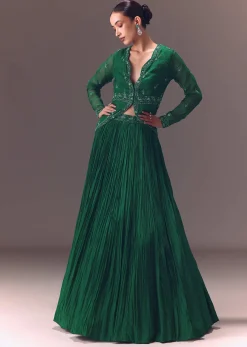 Green Organza Ruched Lehenga With Hand Embellished Jacket