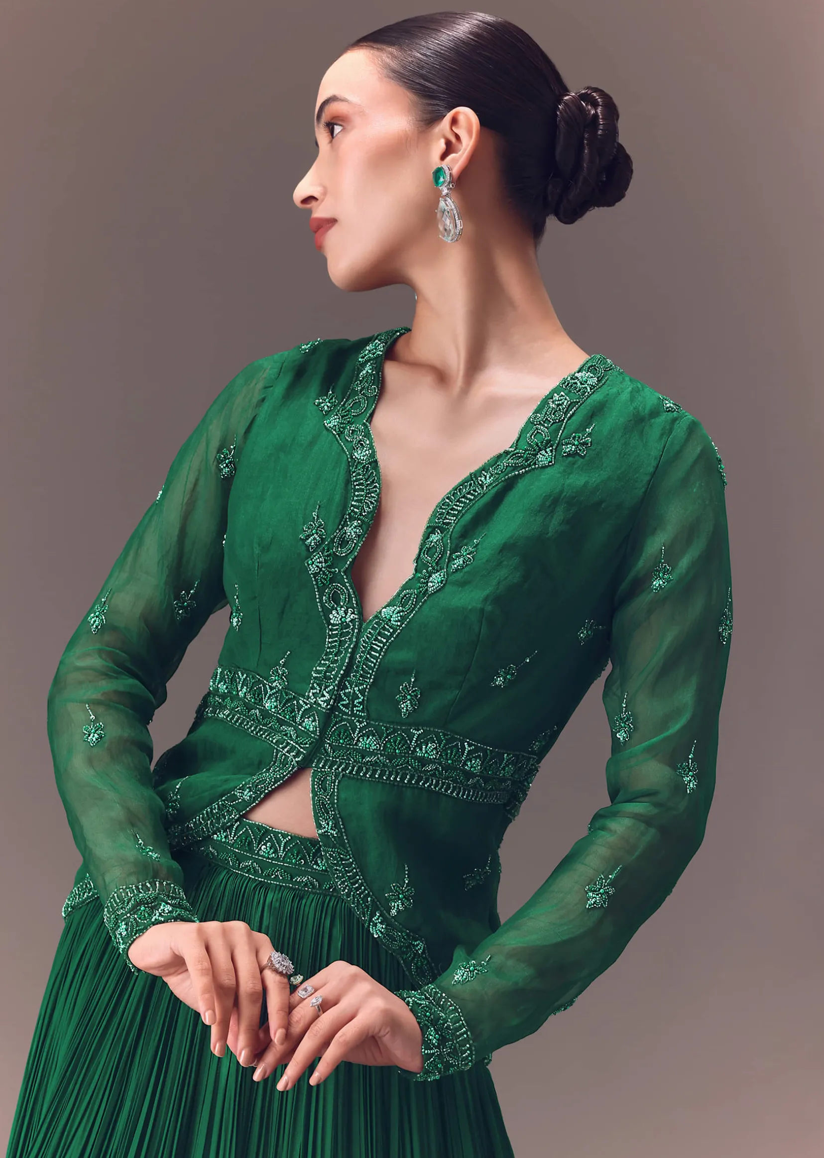Green Organza Ruched Lehenga With Hand Embellished Jacket