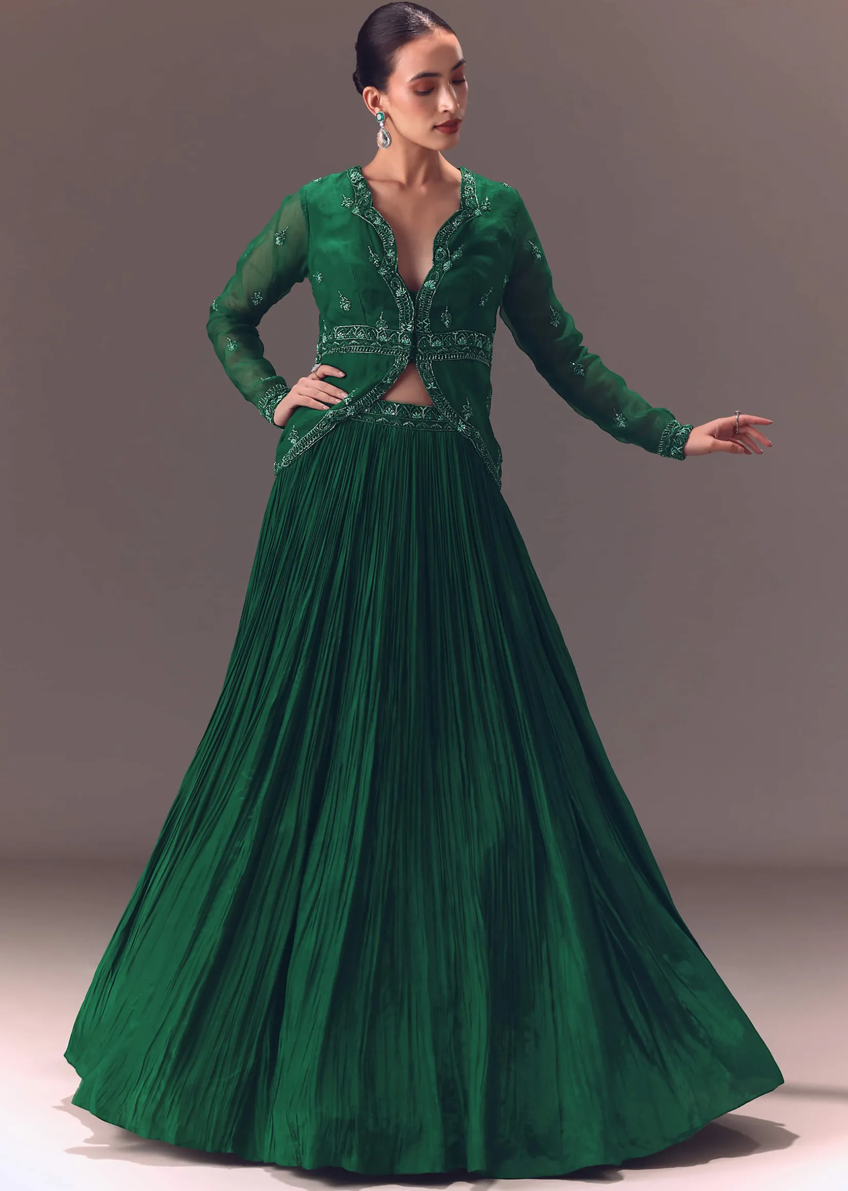 Green Organza Ruched Lehenga With Hand Embellished Jacket