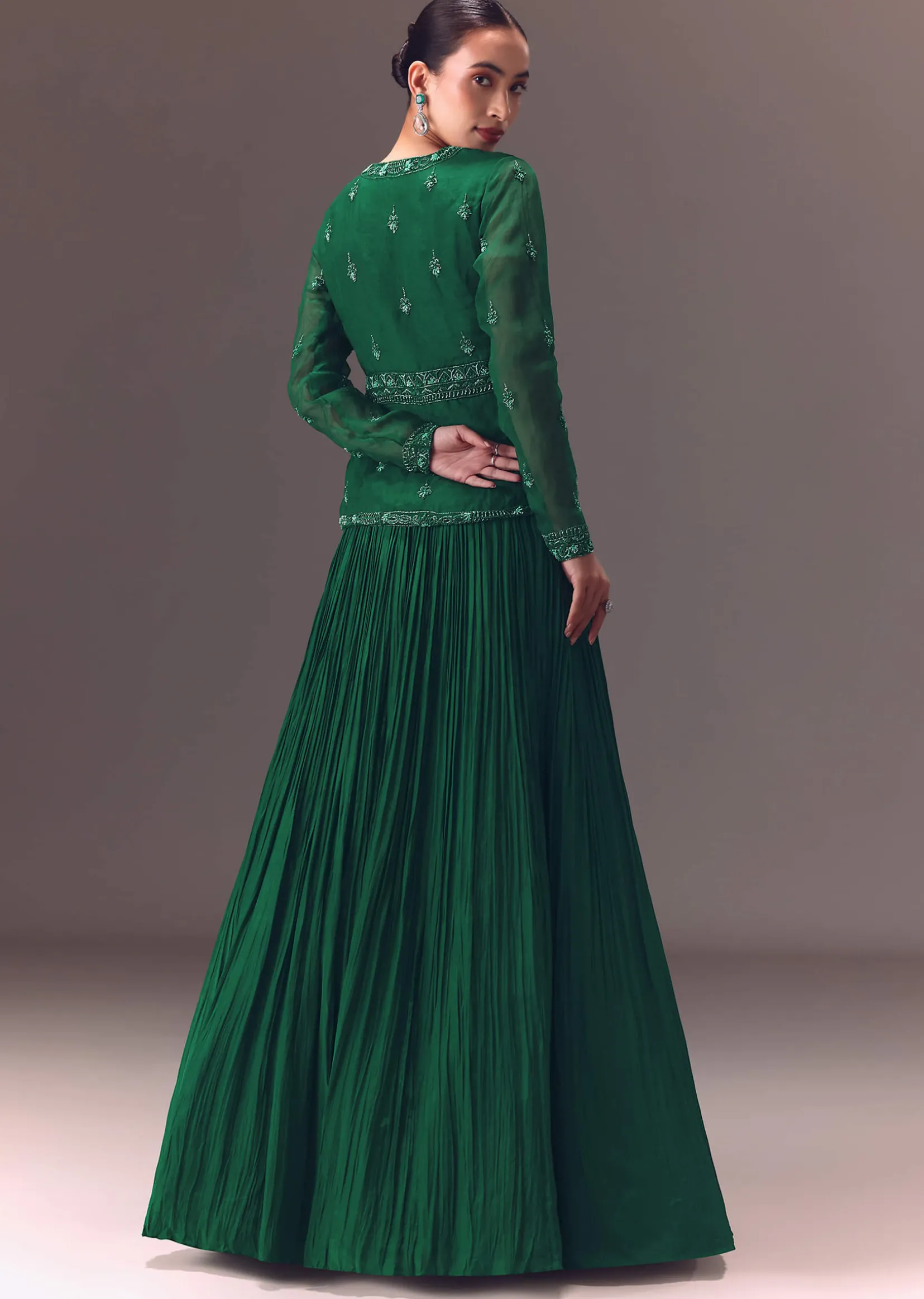Green Organza Ruched Lehenga With Hand Embellished Jacket