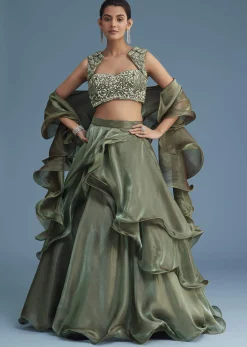 Green Organza Ruffle Lehenga Set With Embellished Blouse
