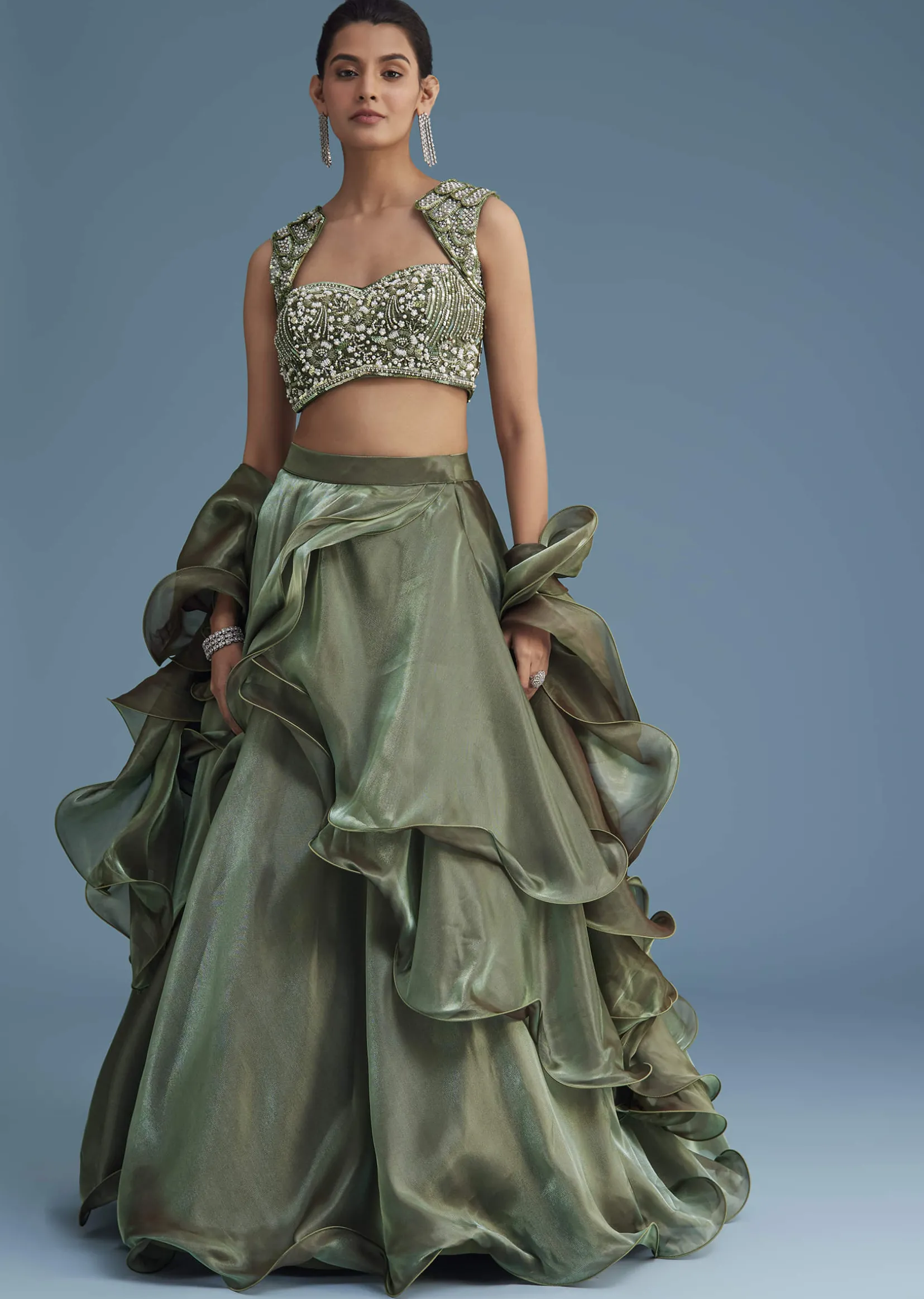 Green Organza Ruffle Lehenga Set With Embellished Blouse