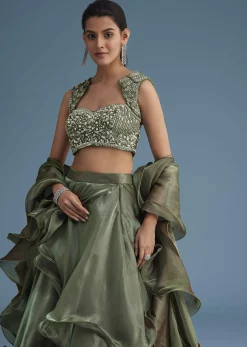 Green Organza Ruffle Lehenga Set With Embellished Blouse
