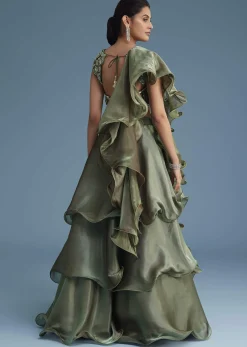 Green Organza Ruffle Lehenga Set With Embellished Blouse