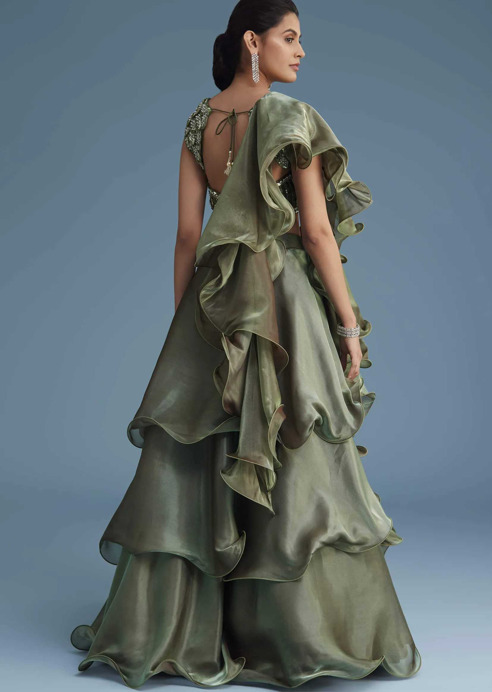 Green Organza Ruffle Lehenga Set With Embellished Blouse