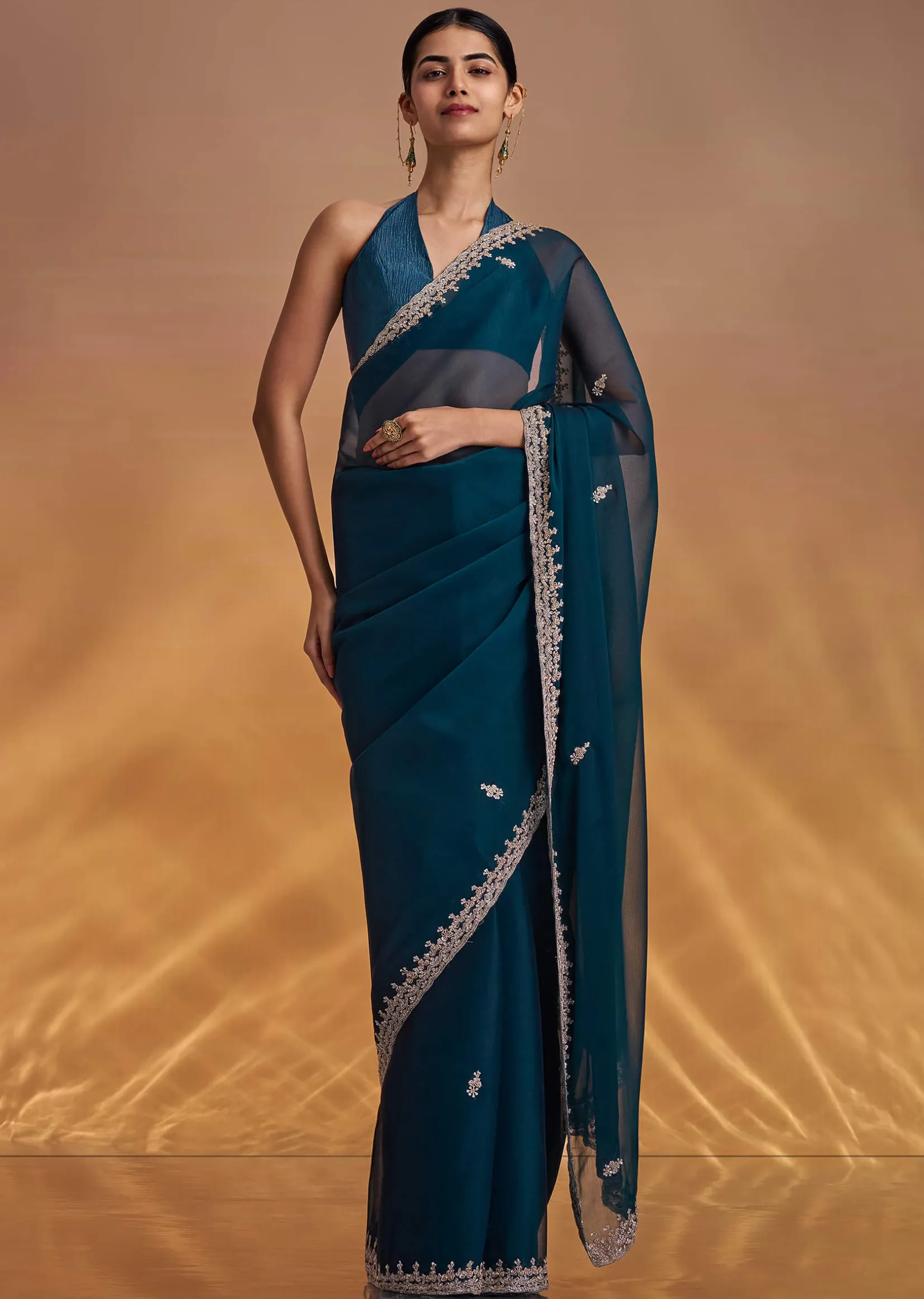 Green Organza Saree With Cutdana And Sequins Border