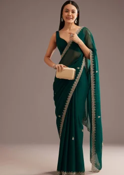 Green Organza Saree With Cutdana And Sequins Border