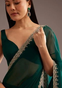 Green Organza Saree With Cutdana And Sequins Border