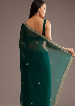 Green Organza Saree With Cutdana And Sequins Border