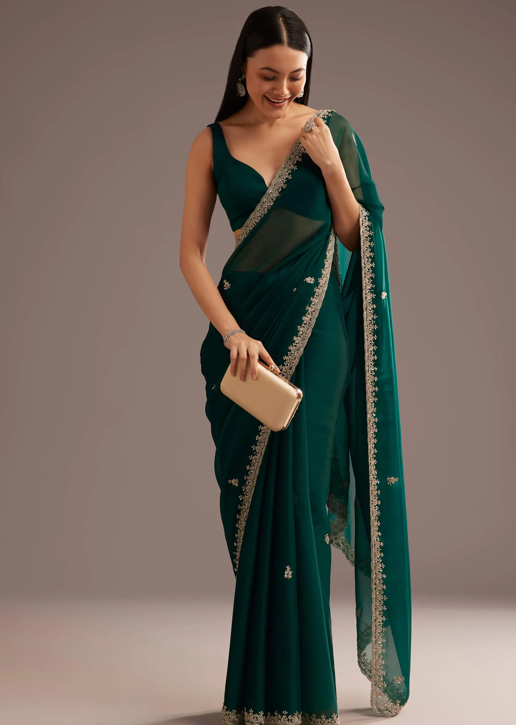 Green Organza Saree With Cutdana And Sequins Border