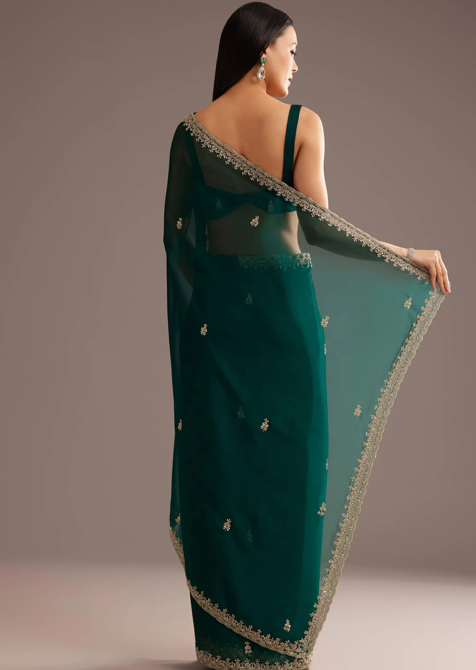 Green Organza Saree With Cutdana And Sequins Border