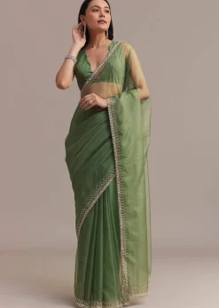Green Organza Saree With Sequins And Cutdana Embellished Border