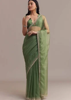 Green Organza Saree With Sequins And Cutdana Embellished Border
