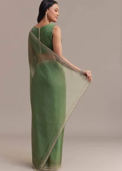 Green Organza Saree With Sequins And Cutdana Embellished Border