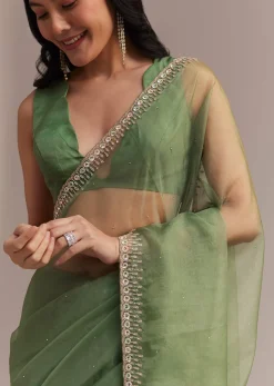 Green Organza Saree With Sequins And Cutdana Embellished Border