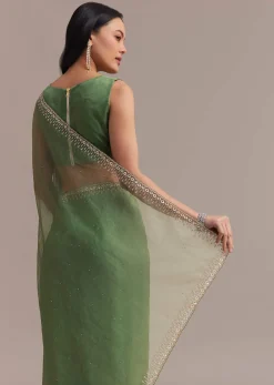Green Organza Saree With Sequins And Cutdana Embellished Border