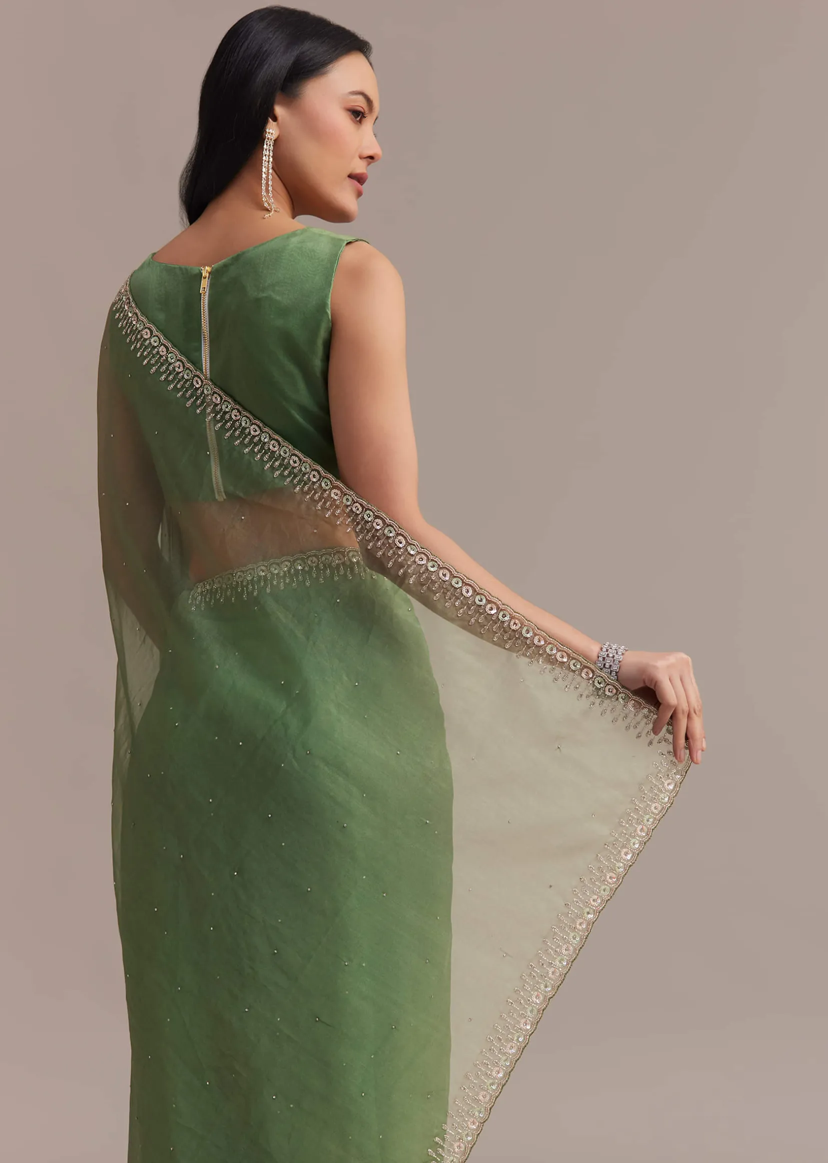 Green Organza Saree With Sequins And Cutdana Embellished Border