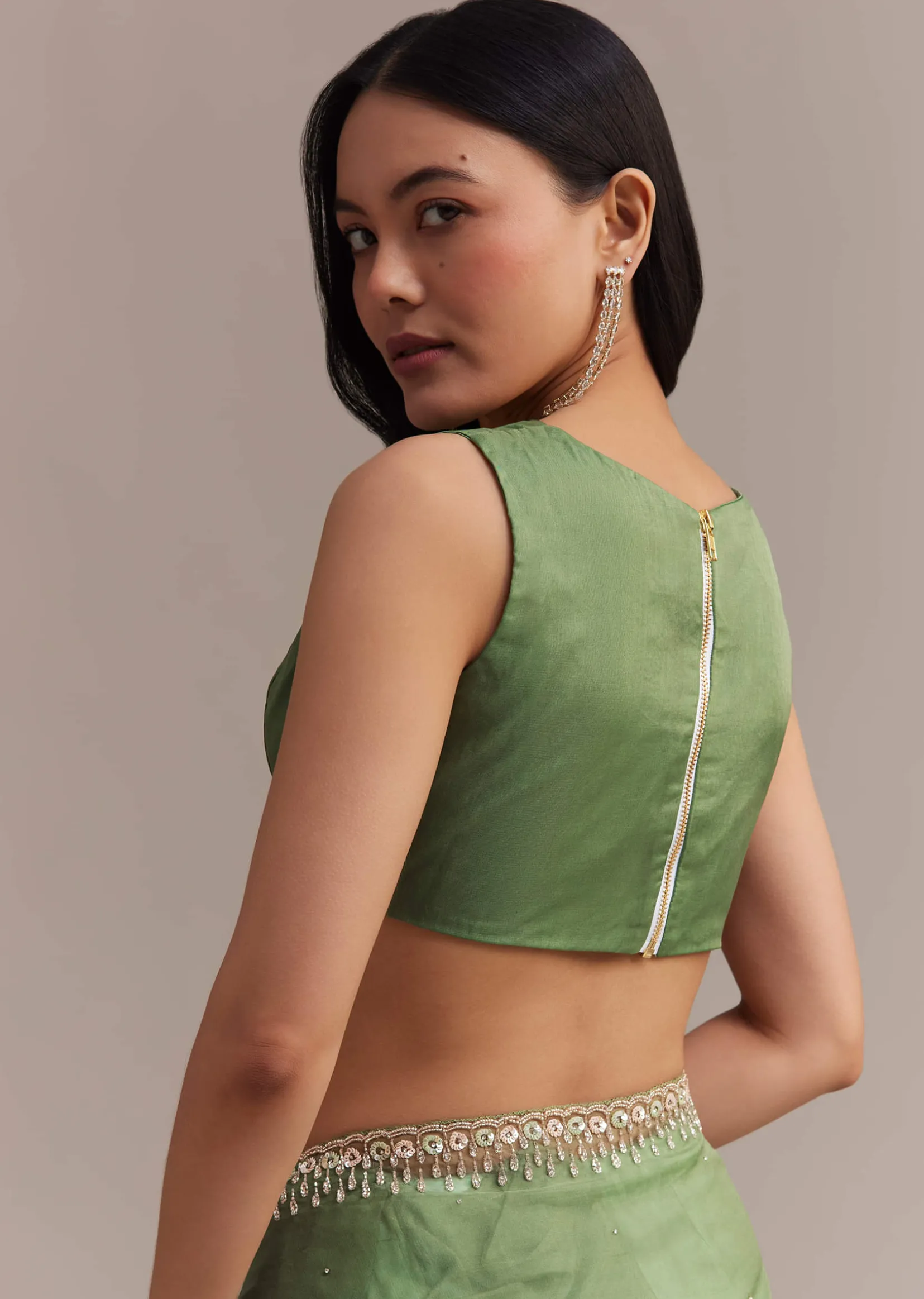 Green Organza Saree With Sequins And Cutdana Embellished Border
