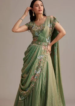 Green Organza Tissue Lehenga Set With Sequins And Bead Work