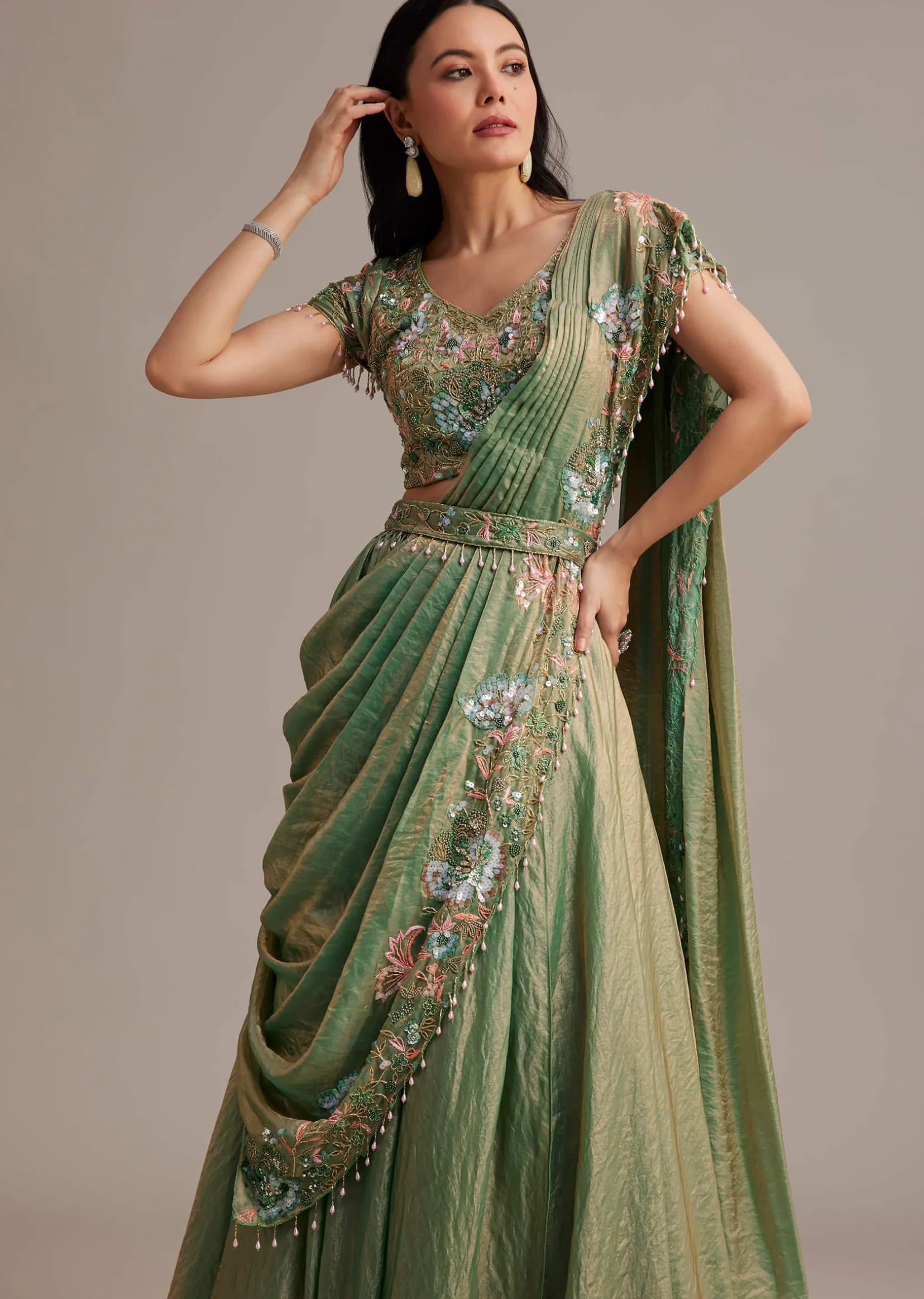 Green Organza Tissue Lehenga Set With Sequins And Bead Work