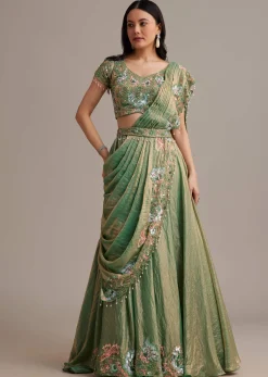 Green Organza Tissue Lehenga Set With Sequins And Bead Work