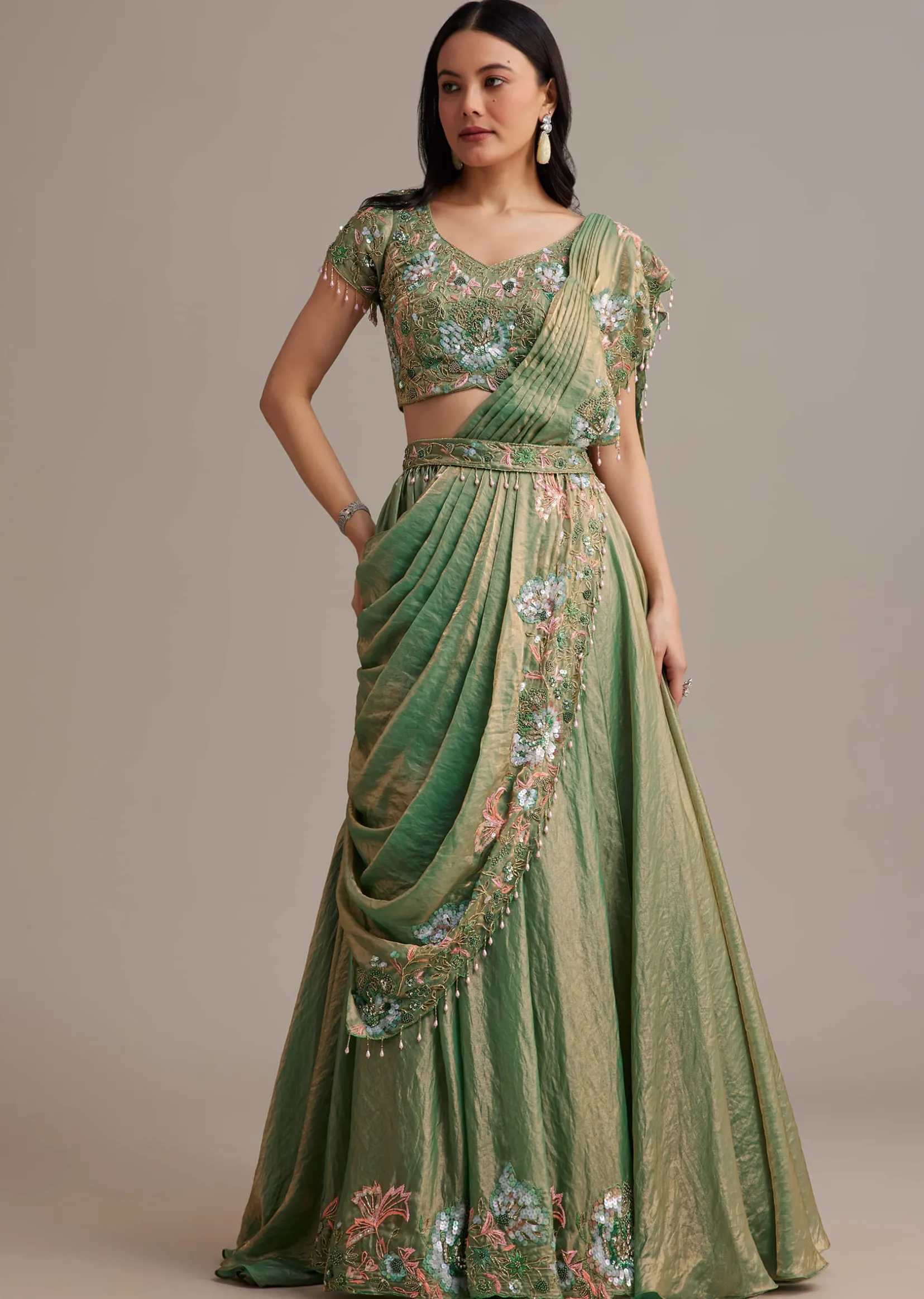 Green Organza Tissue Lehenga Set With Sequins And Bead Work