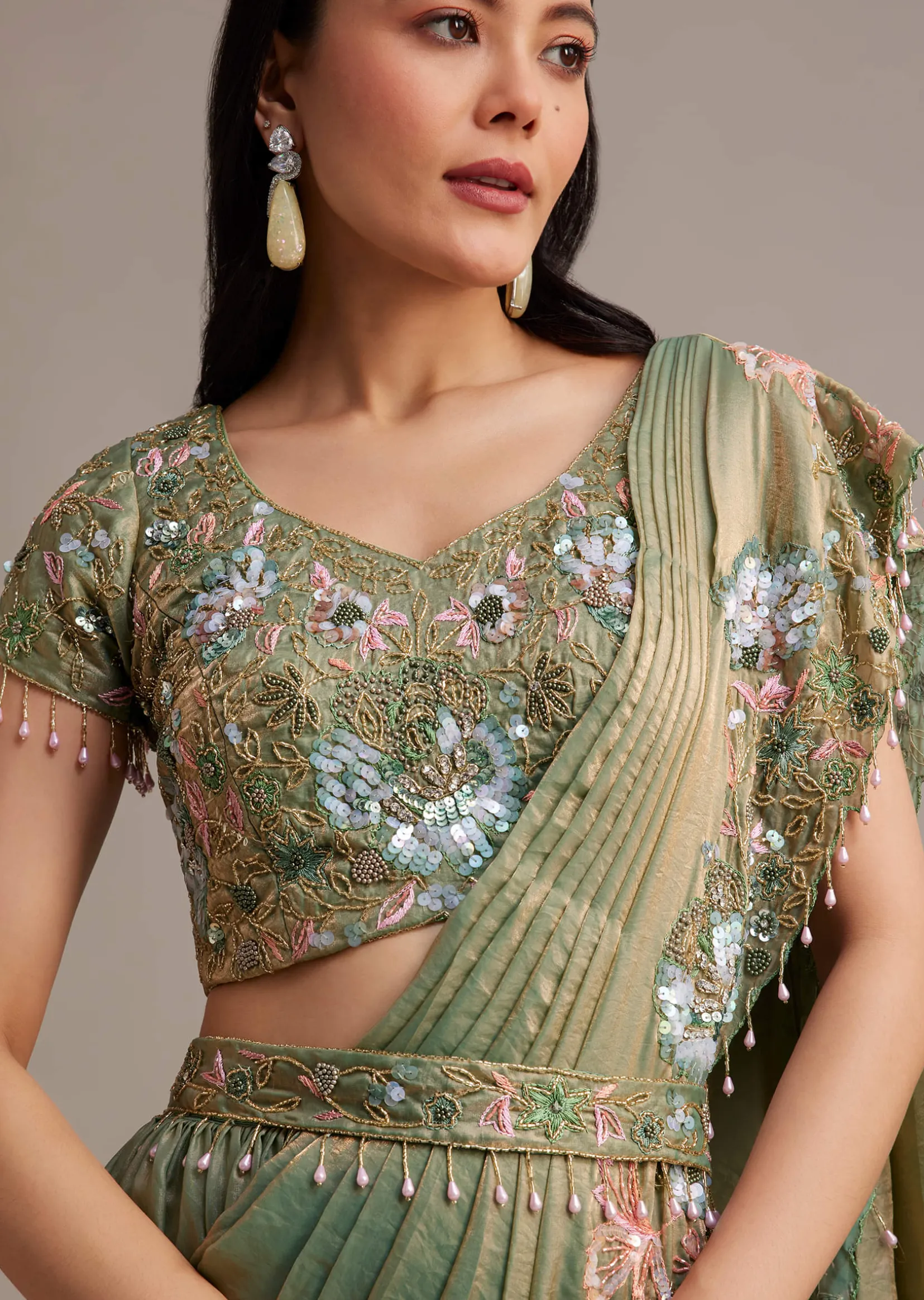Green Organza Tissue Lehenga Set With Sequins And Bead Work