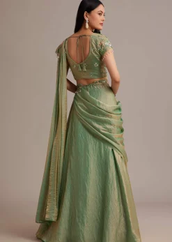 Green Organza Tissue Lehenga Set With Sequins And Bead Work
