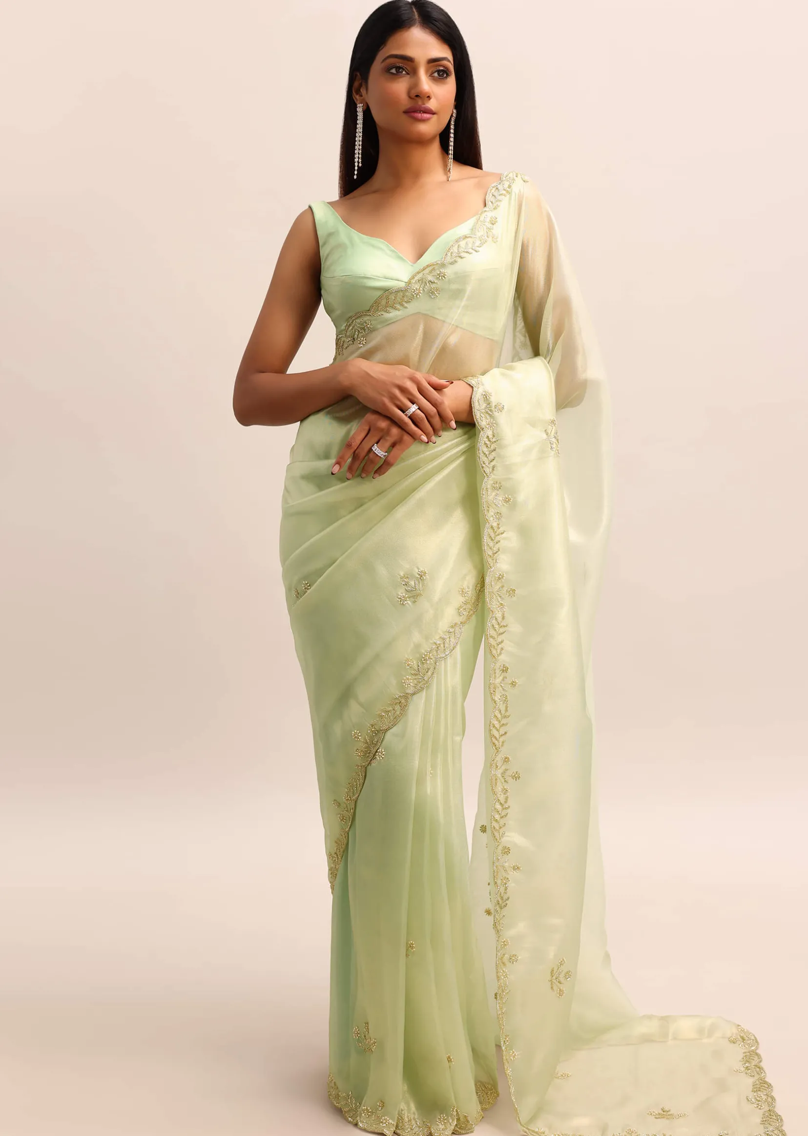 Green Organza Tissue Saree With Unstitched Blouse