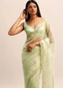 Green Organza Tissue Saree With Unstitched Blouse