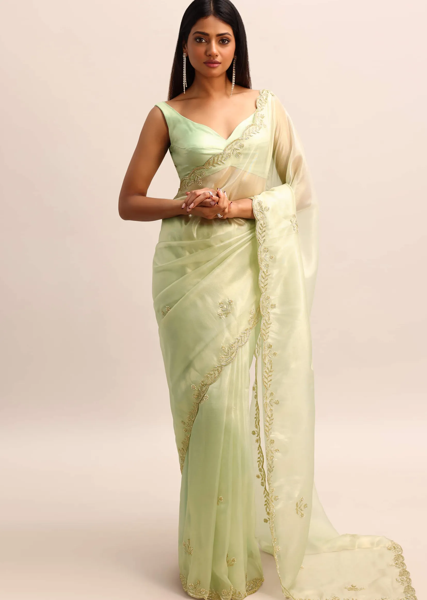 Green Organza Tissue Saree With Unstitched Blouse