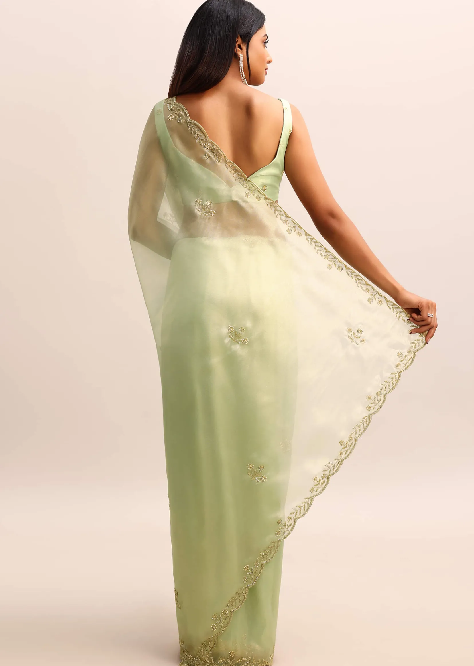 Green Organza Tissue Saree With Unstitched Blouse