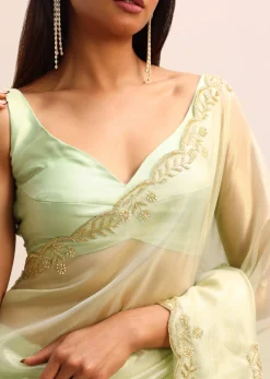 Green Organza Tissue Saree With Unstitched Blouse