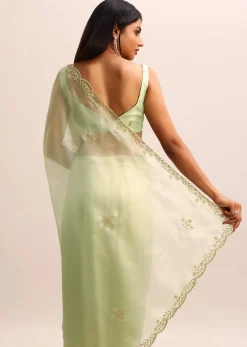 Green Organza Tissue Saree With Unstitched Blouse