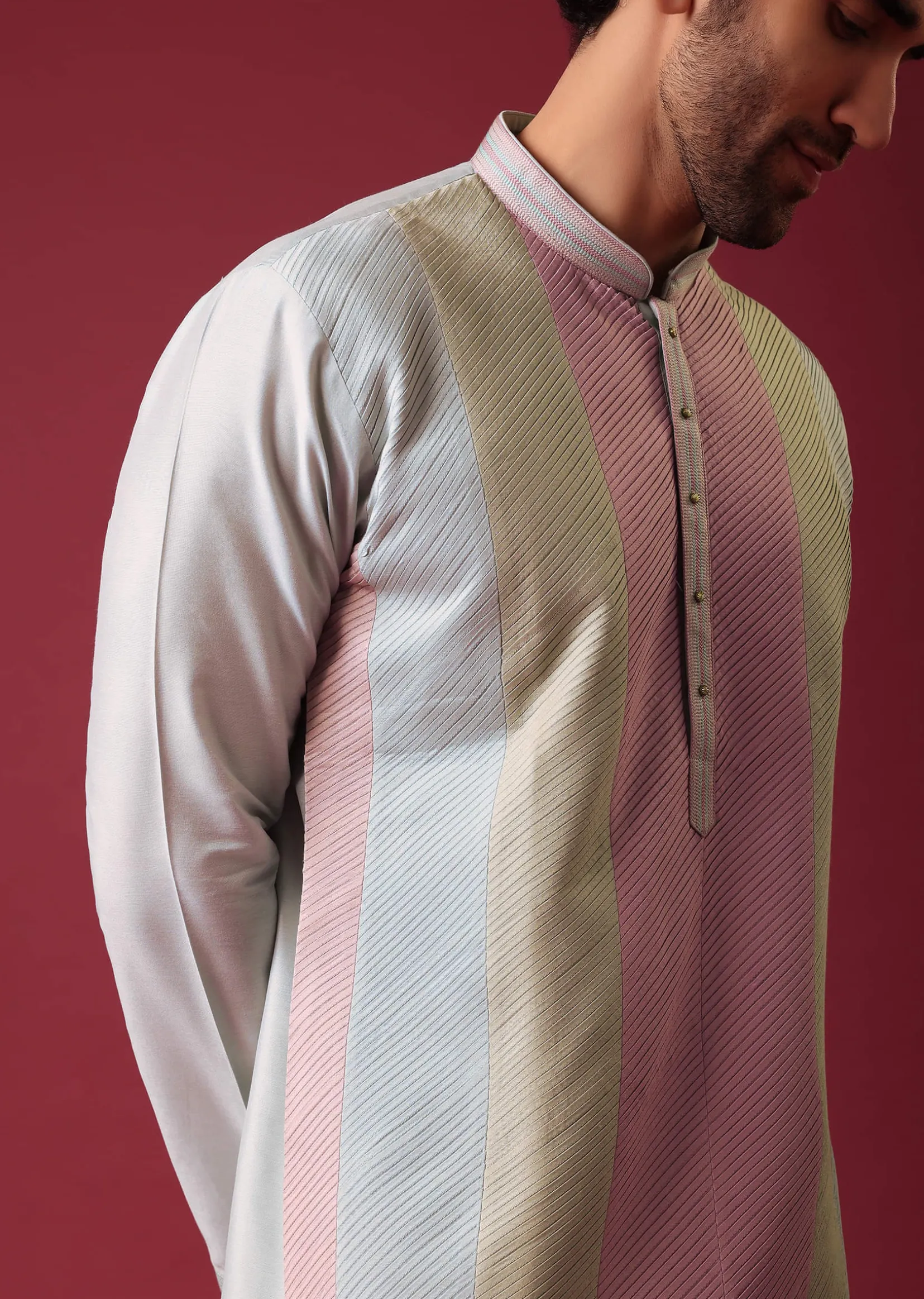 Green Pintuck Colorblock Kurta Set in Silk