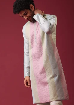 Green Pintuck Colorblock Kurta Set in Silk