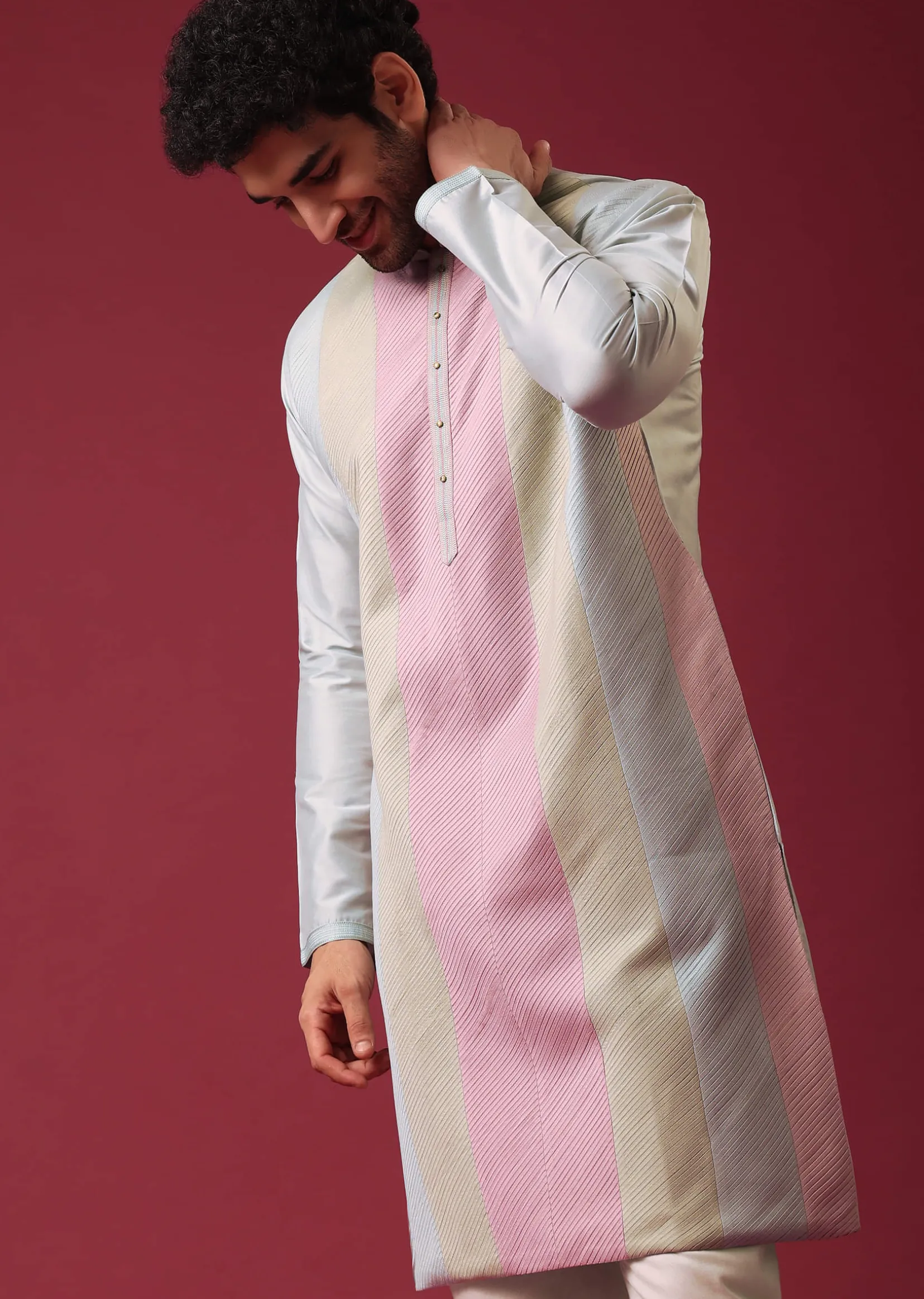Green Pintuck Colorblock Kurta Set in Silk
