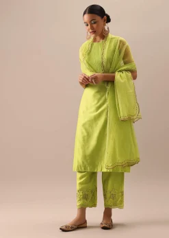 Green Pintuck Kurta Set with Organza Dupatta