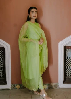 Green Pintuck Kurta Set with Organza Dupatta