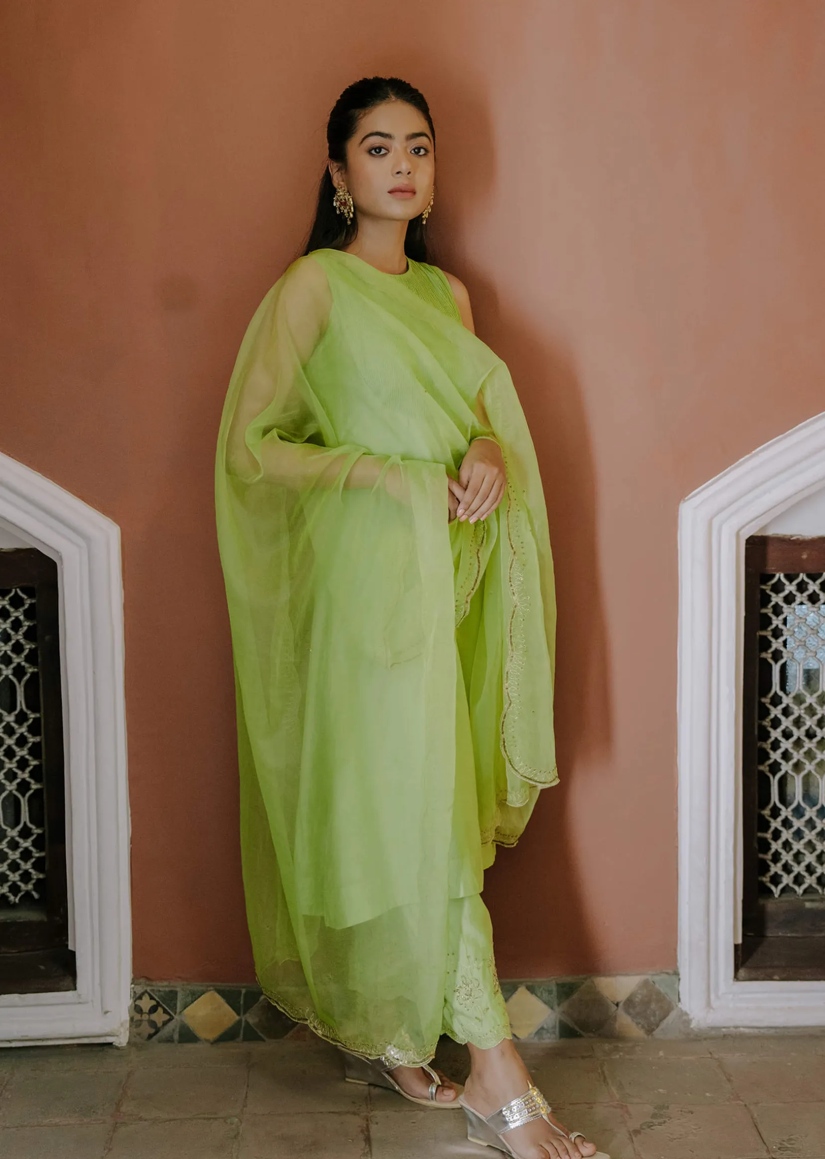 Green Pintuck Kurta Set with Organza Dupatta