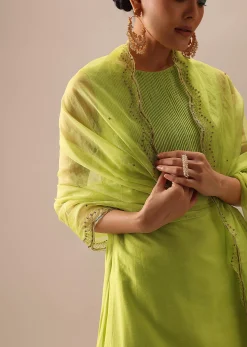 Green Pintuck Kurta Set with Organza Dupatta