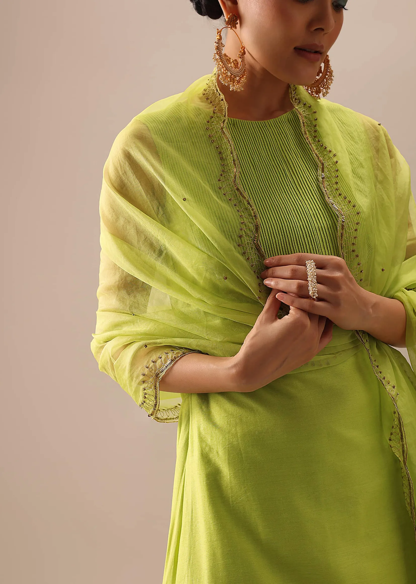 Green Pintuck Kurta Set with Organza Dupatta