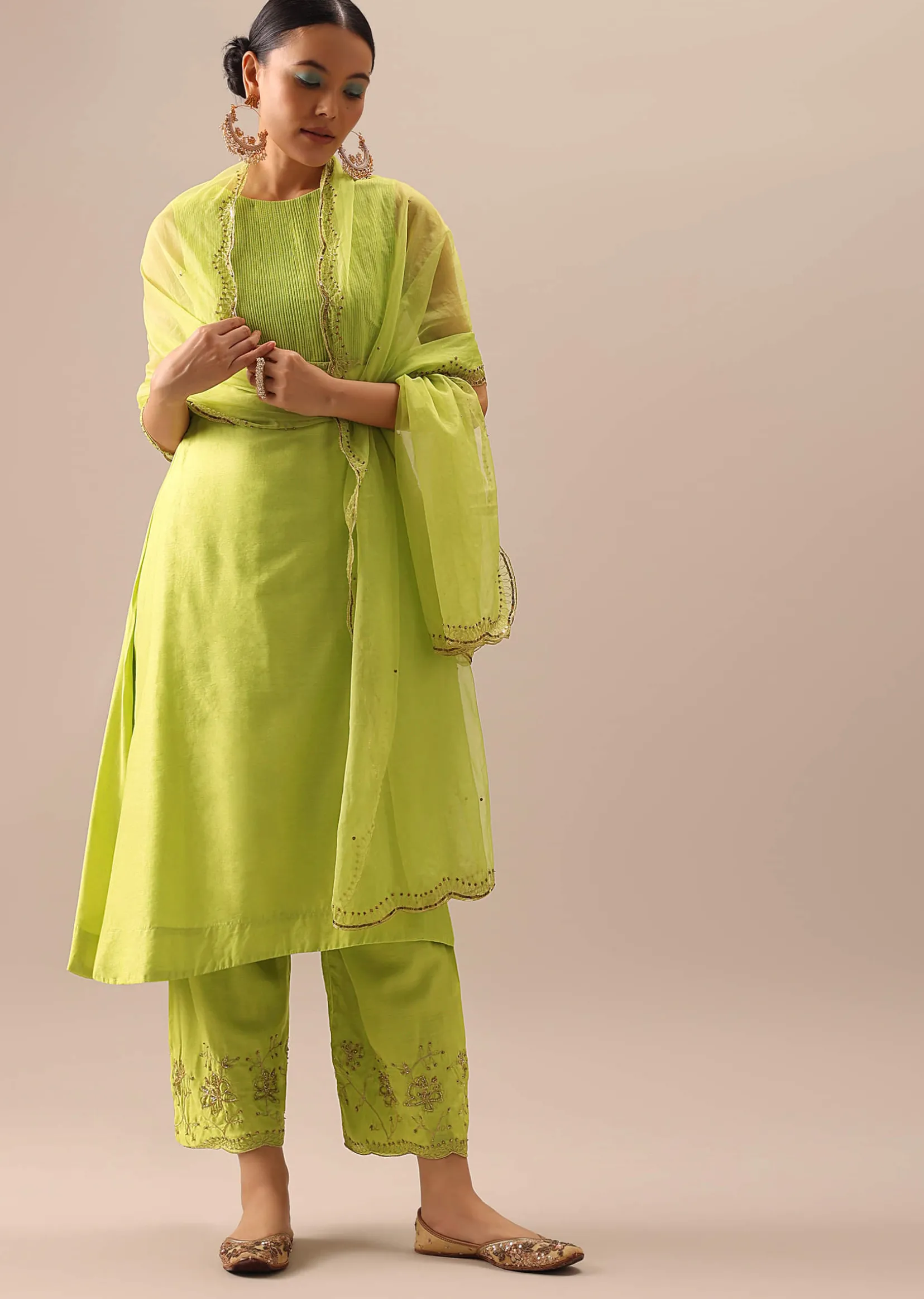Green Pintuck Kurta Set with Organza Dupatta