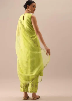 Green Pintuck Kurta Set with Organza Dupatta